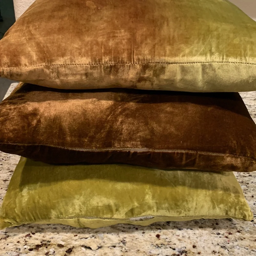 Pier One Velvet Two Color Green Brown Square Decorative Pillow Set